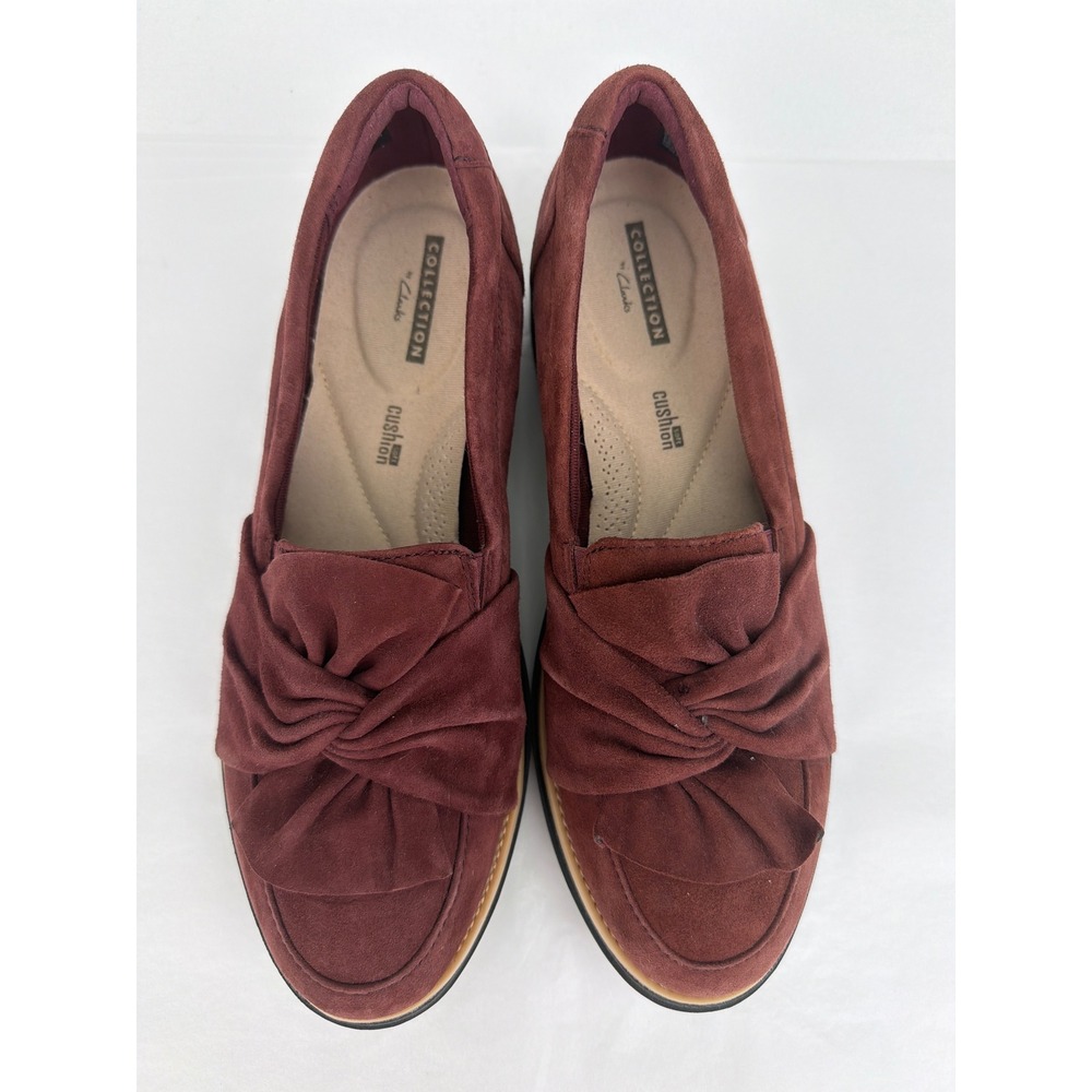 Clarks Sharon Dasher Loafers 7.5 Burgundy Suede Wedge Platform Bow Preppy
